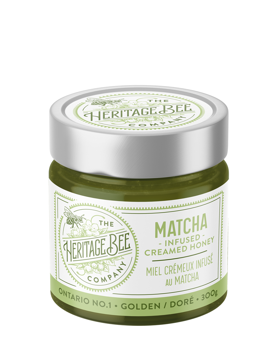 Heritage Bee Co's premium creamed wildflower honey infused with organic matcha. Handcrafted in Ontario by expert beekeepers.