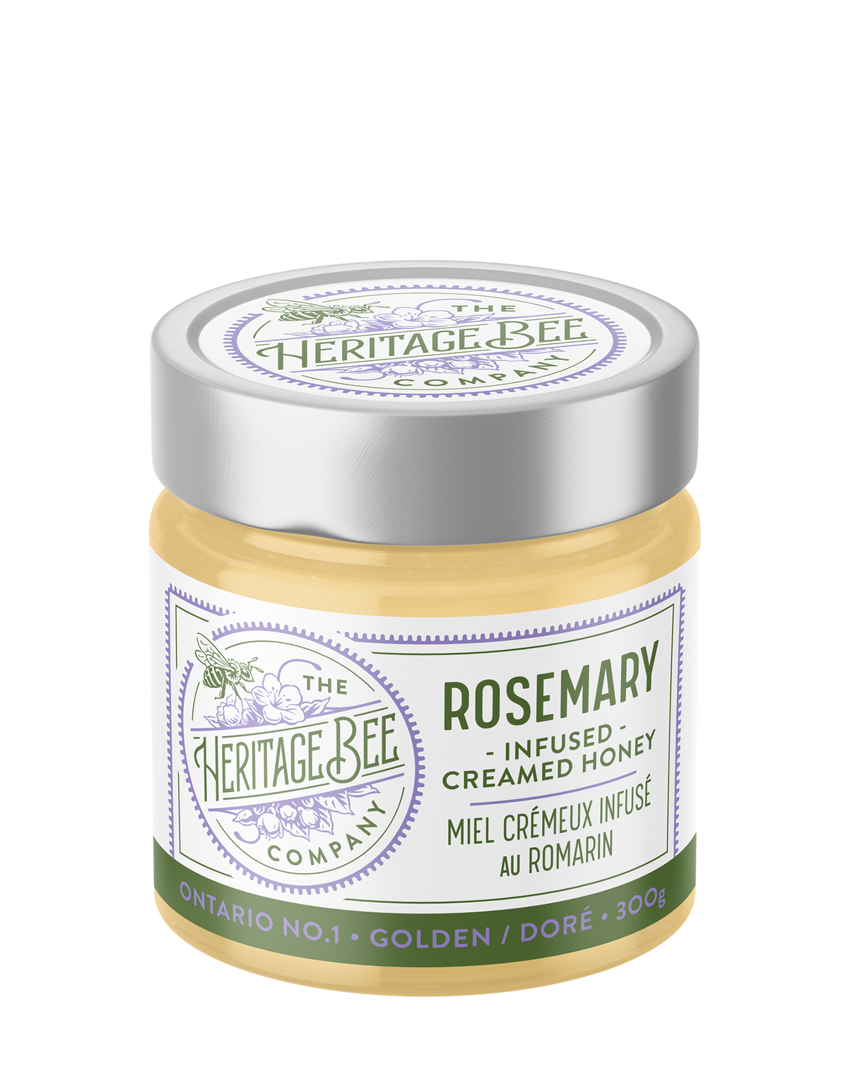 Heritage Bee Co rosemary infused creamed wildflower honey, made with certified organic rosemary. Handcrafted in Ontario. Premium.