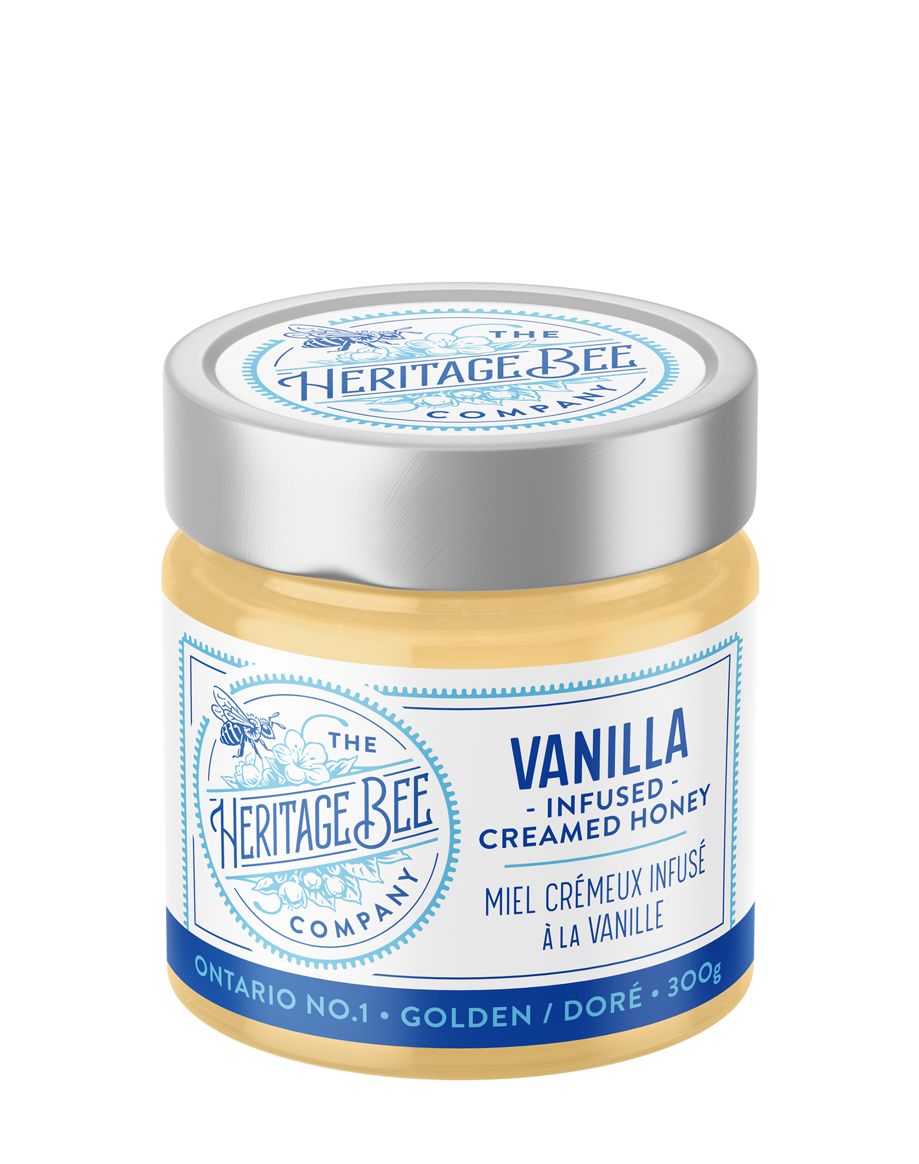 Heritage Bee Co's 100% Ontario creamed wildflower honey infused with fairtrade organic Madagascar Bourbon pure Vanilla extract by Nielsen-Massey. Handcrafted. Premium.