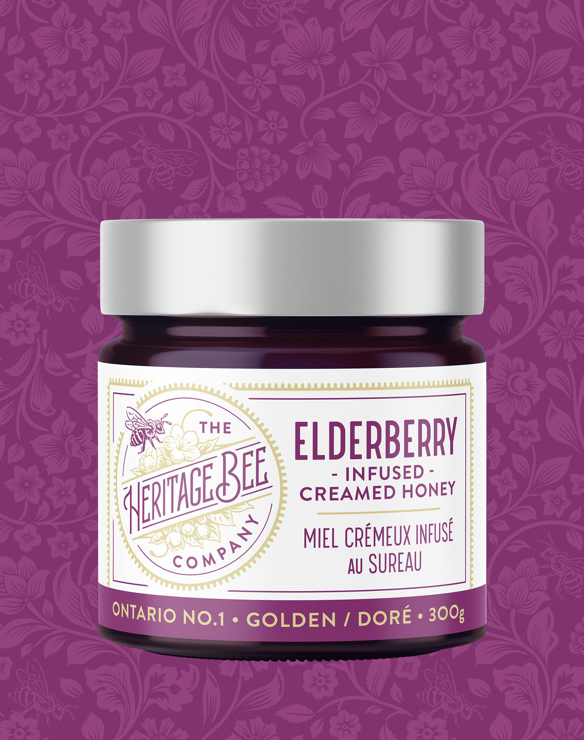 Heritage Bee Co's gourmet creamed wildflower honey infused with elderberry. Handcrafted locally in Ontario.