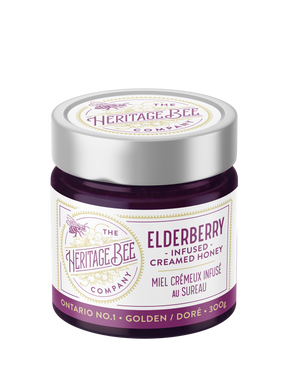 Heritage Bee Co local creamed wildflower honey infused with elderberry, a naturally antioxidant and nutrient rich plant. 100% Ontario handcrafted premium honey. 