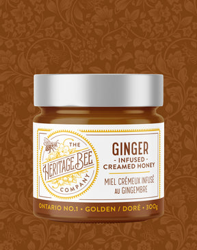 Heritage Bee Co's ginger infused creamed wildflower honey. Premium gourmet honey handcrafted in Ontario.