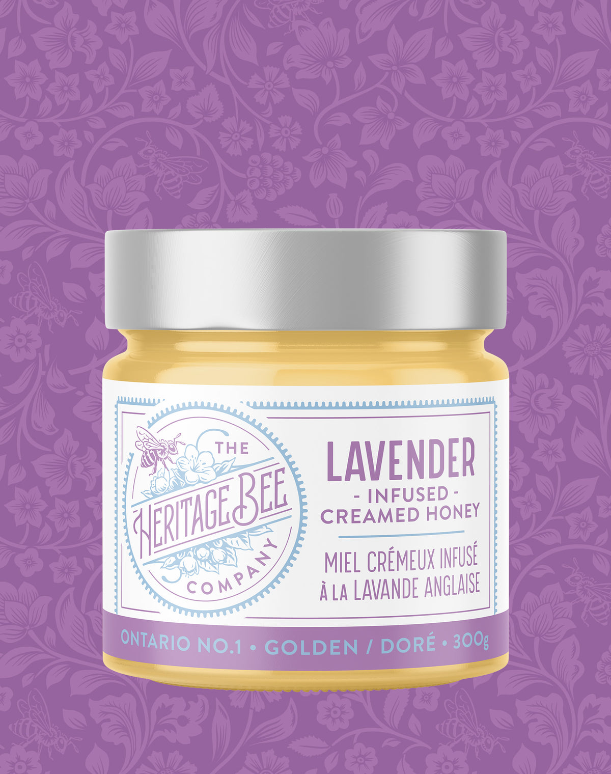 English lavender infused creamed wildflower honey made locally in Ontario, with light earthy floral undertones. Handcrafted gourmet honey made by the Heritage Bee Co.