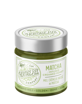 Heritage Bee Co's premium creamed wildflower honey infused with organic matcha. Handcrafted in Ontario by expert beekeepers.