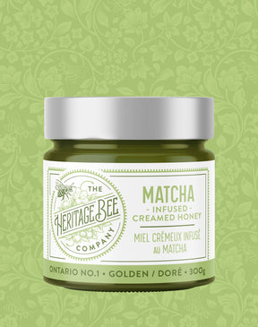 Matcha infused wildflower honey made in Ontario with organic matcha powder. Handcrafted by Heritage Bee Co. 