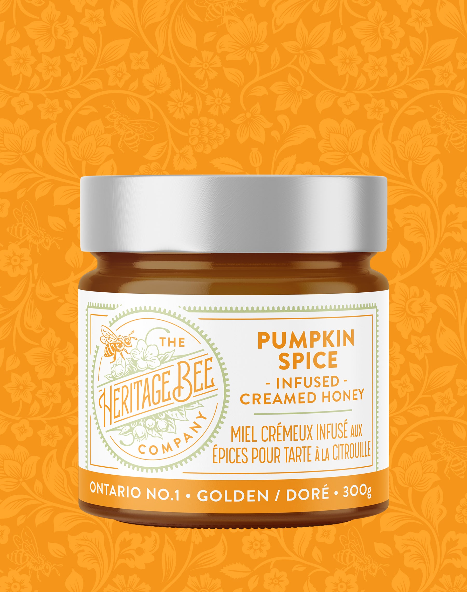 Pumpkin spice infused Ontario wildflower creamed honey handcrafted by the Heritage Bee Co. 