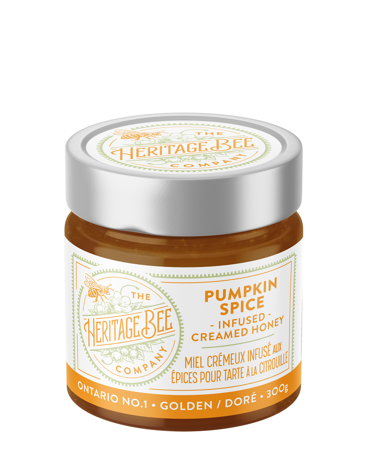 Heritage Bee Co local creamed wildflower honey infused with pumpkin spice. Handcrafted in Ontario and perfect for fall. Premium. Gourmet.