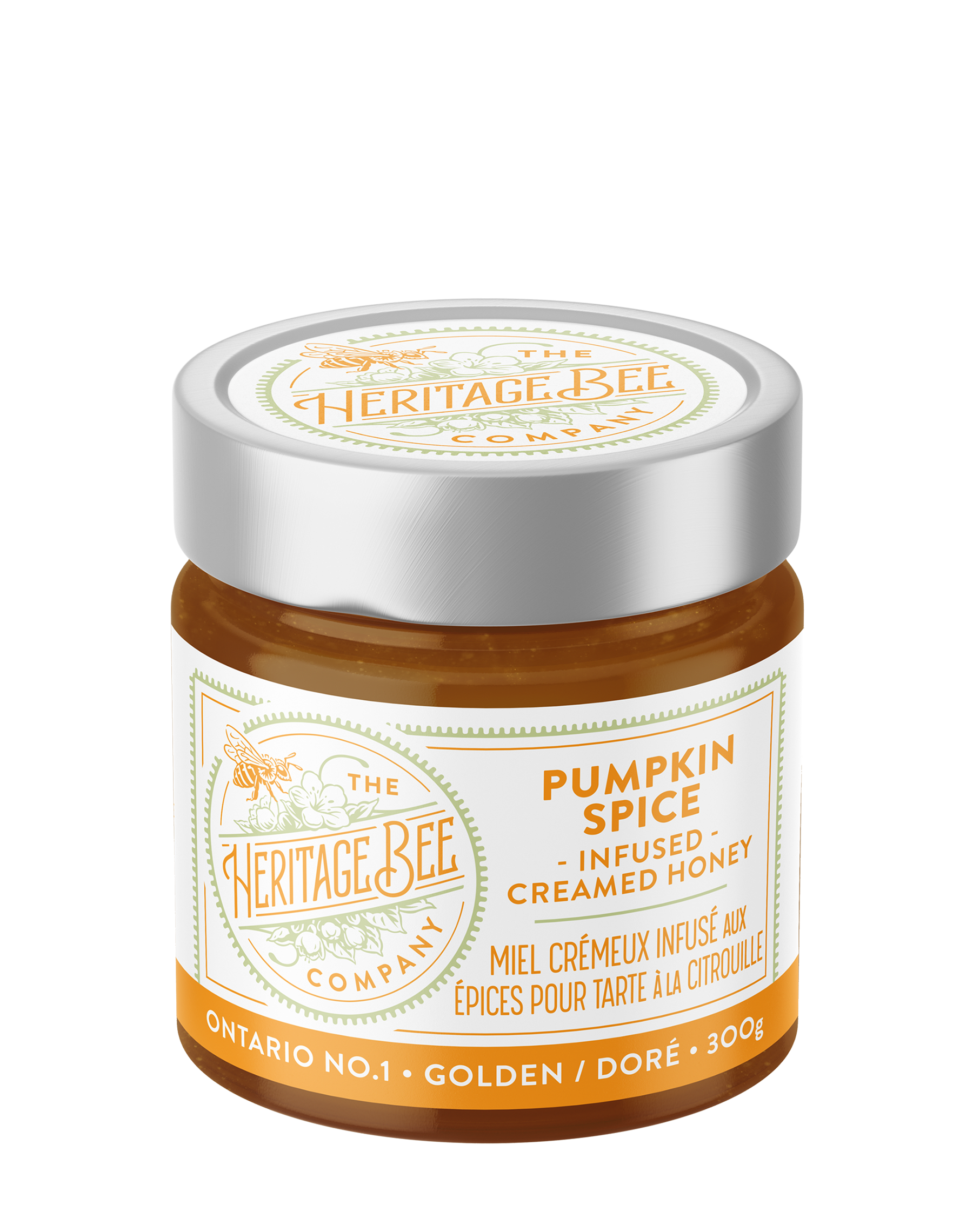 Heritage Bee Co local creamed wildflower honey infused with pumpkin spice. Handcrafted in Ontario and perfect for fall. Premium. Gourmet.