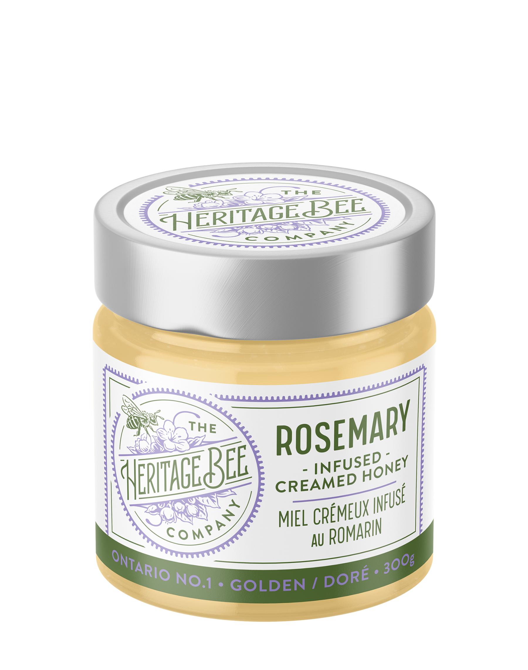 Heritage Bee Co rosemary infused creamed wildflower honey, made with certified organic rosemary. Handcrafted in Ontario. Premium. 