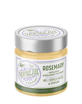 Heritage Bee Co rosemary infused creamed wildflower honey, made with certified organic rosemary. Handcrafted in Ontario. Premium. 