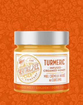 Heritage Bee Co's premium turmeric infused Ontario wildflower honey. Handcrafted creamed honey made with turmeric is an antioxidant that can reduce inflammation and improve digestion.