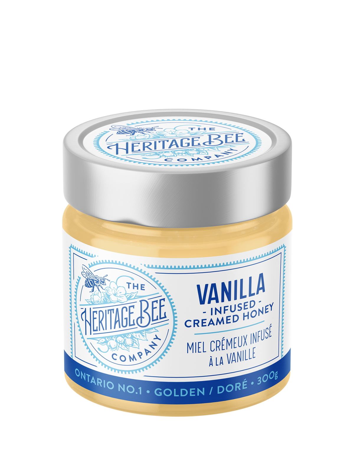 Heritage Bee Co's 100% Ontario creamed wildflower honey infused with fairtrade organic Madagascar Bourbon pure Vanilla extract by Nielsen-Massey. Handcrafted. Premium.