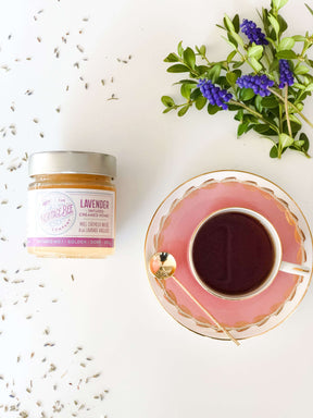 Heritage Bee Co premium lavender infused creamed honey goes perfectly in tea. This locally handcrafted honey has light earthy floral undertones with hints of rosemary, mint, and citrus.