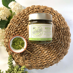 Heritage Bee Co. matcha infused honey. Organic matcha powder is the edible form of green tea made from green tea leaves. Heritage Bee Co's matcha infused honey can provide wellness benefits associated with green tea.