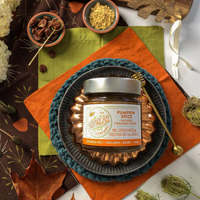 Pumpkin Spice Creamed Honey - Heritage Bee Co. Can be added to coffee and tea to create an at-home pumpkin spice latte.